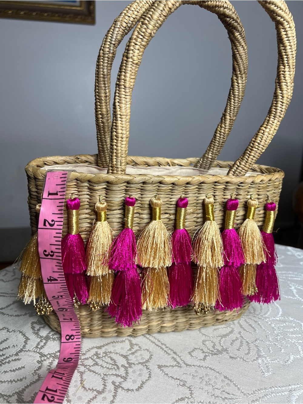 Vintage Straw Tote with Pink & Natural Tassels - Picture 7 of 9